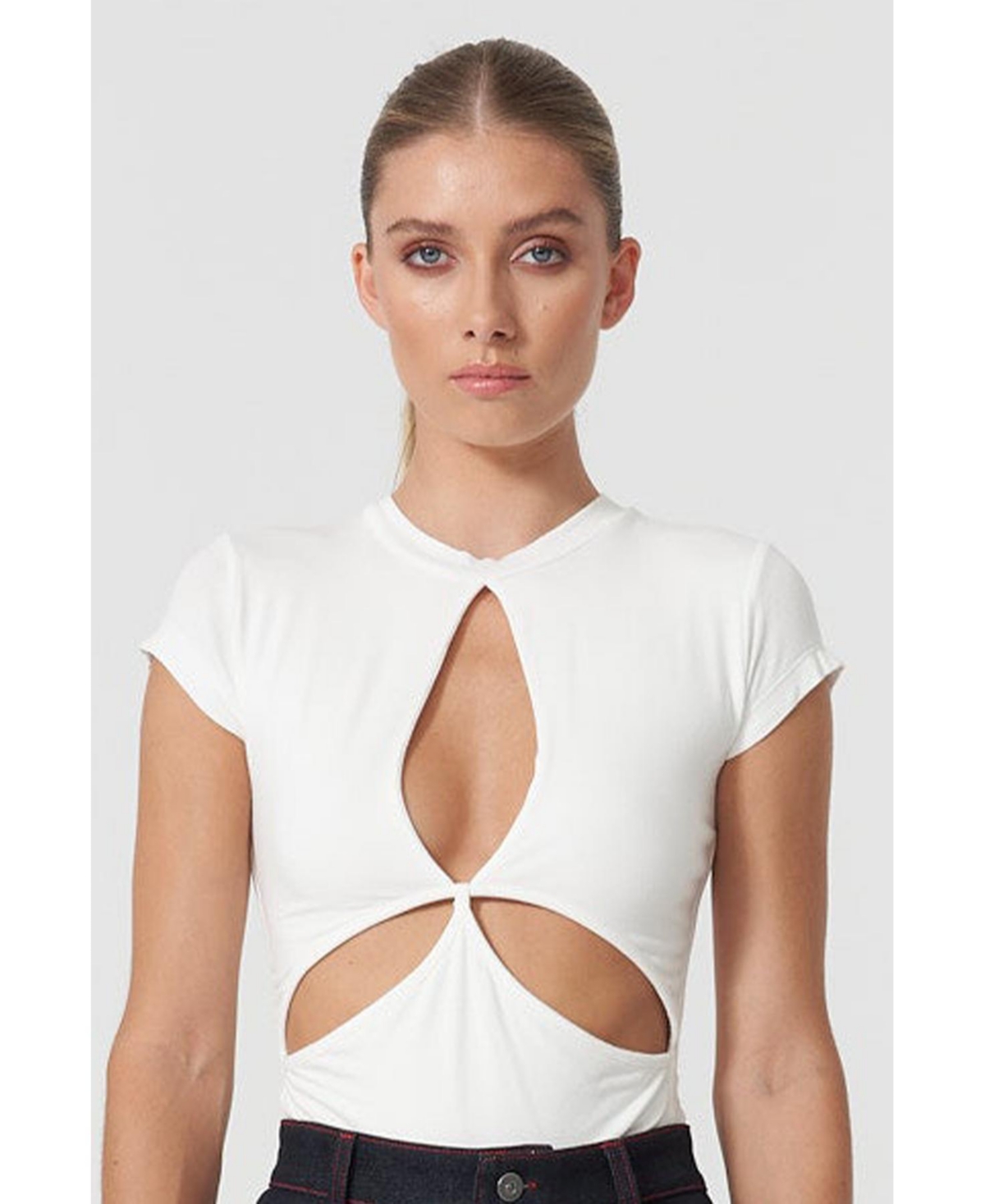 Women's Cutout Detailed White Basic T-Shirt