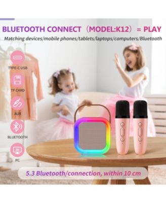 Mini Karaoke Machine for Kids, Portable Bluetooth Speaker with 2 Wireless Mics, LED Lights, Gift for Girls & Boys, Ages 3-12+ (Pink)