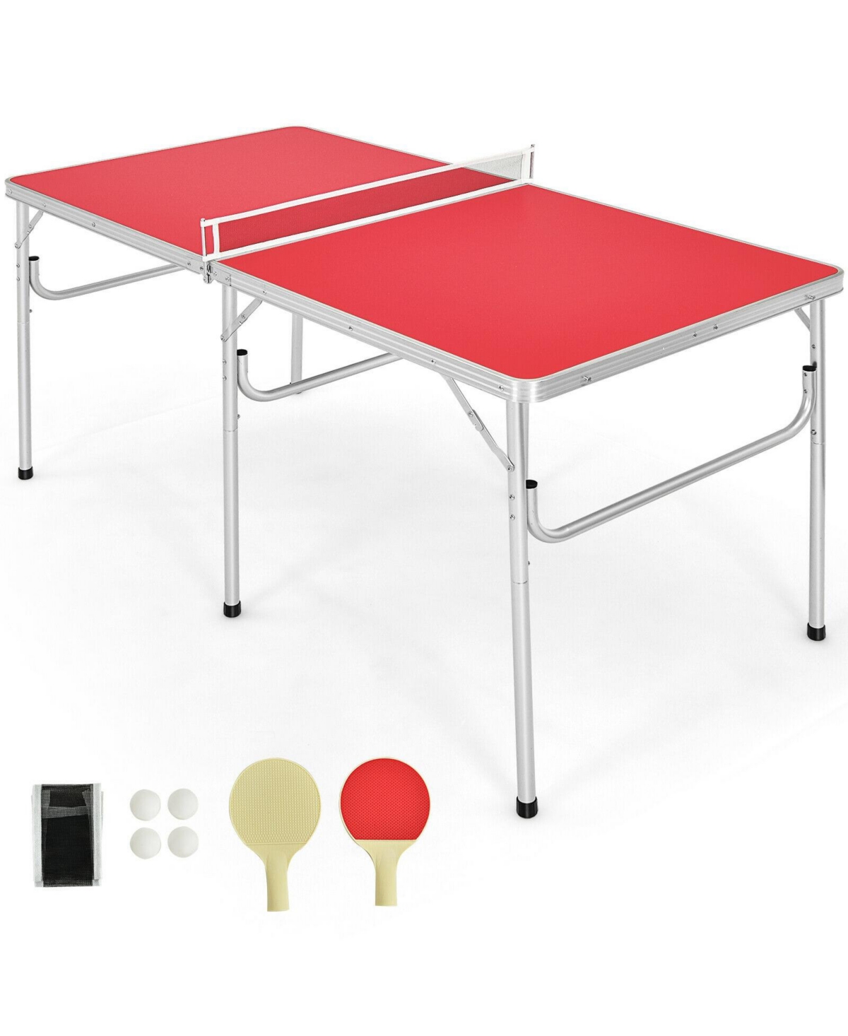 60 Inch Portable Tennis Ping Pong Folding Table with Accessories - Red