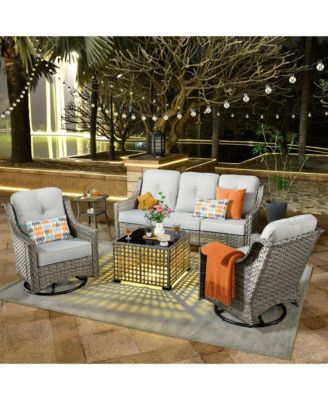 5 Piece Outdoor Rattan Patio Furniture Set with 3 Seat Sofa,Swivel Rocking Chairs,Solar Coffee Table,Wicker Sofa Set for Backyard and Porch