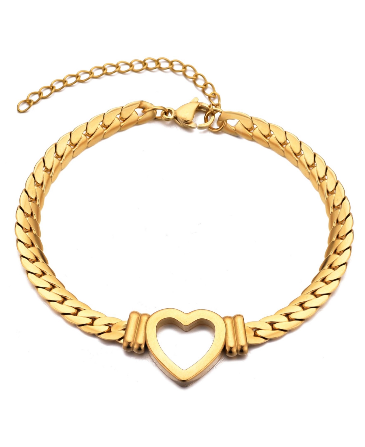 Tarnish Resistant Gold Flat Curb Chain Heart Bracelet - Gold