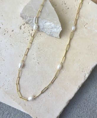 Freshwater Cultivated Pearl Station Paper Clip Chain Necklace