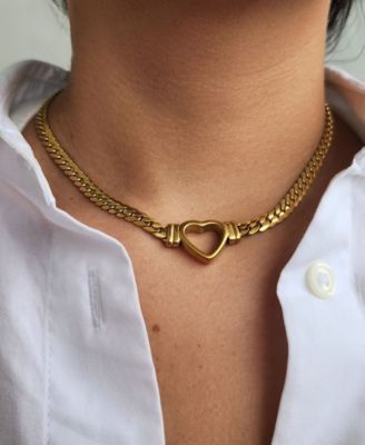 Tarnish Resistant Gold Flat Curb Chain Heart Necklace