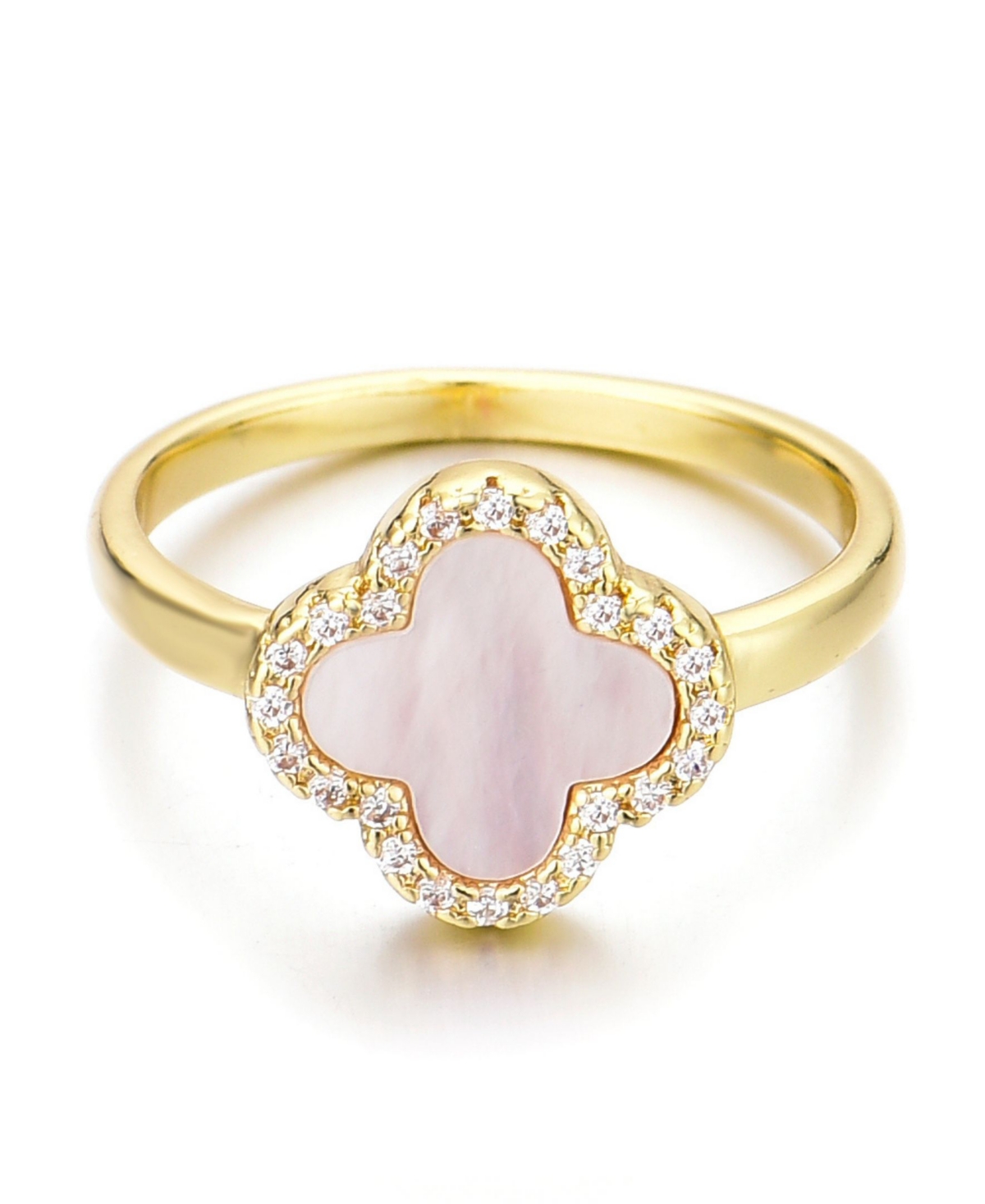 Gold Mother of Pearl Cubic Zirconia Halo Clover Ring - White