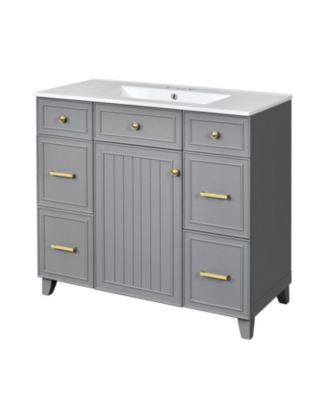 36" Solid Wood & Ceramic Hairdryer Drawer Bathroom Vanity with Soft-Close Doors