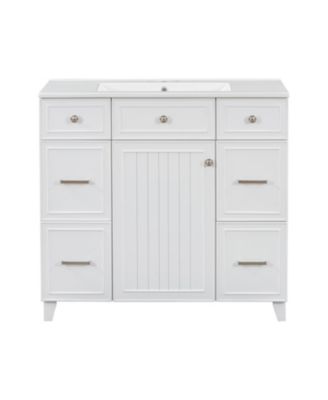 36" Solid Wood & Ceramic Hairdryer Drawer Bathroom Vanity with Soft-Close Doors