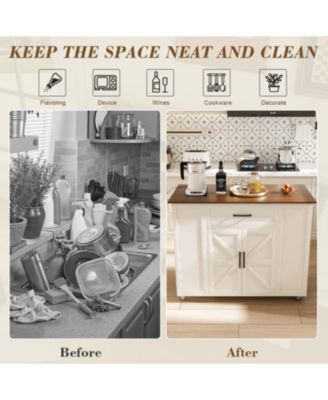 46" Kitchen Island on Wheels with Storage & Power Outlet - White