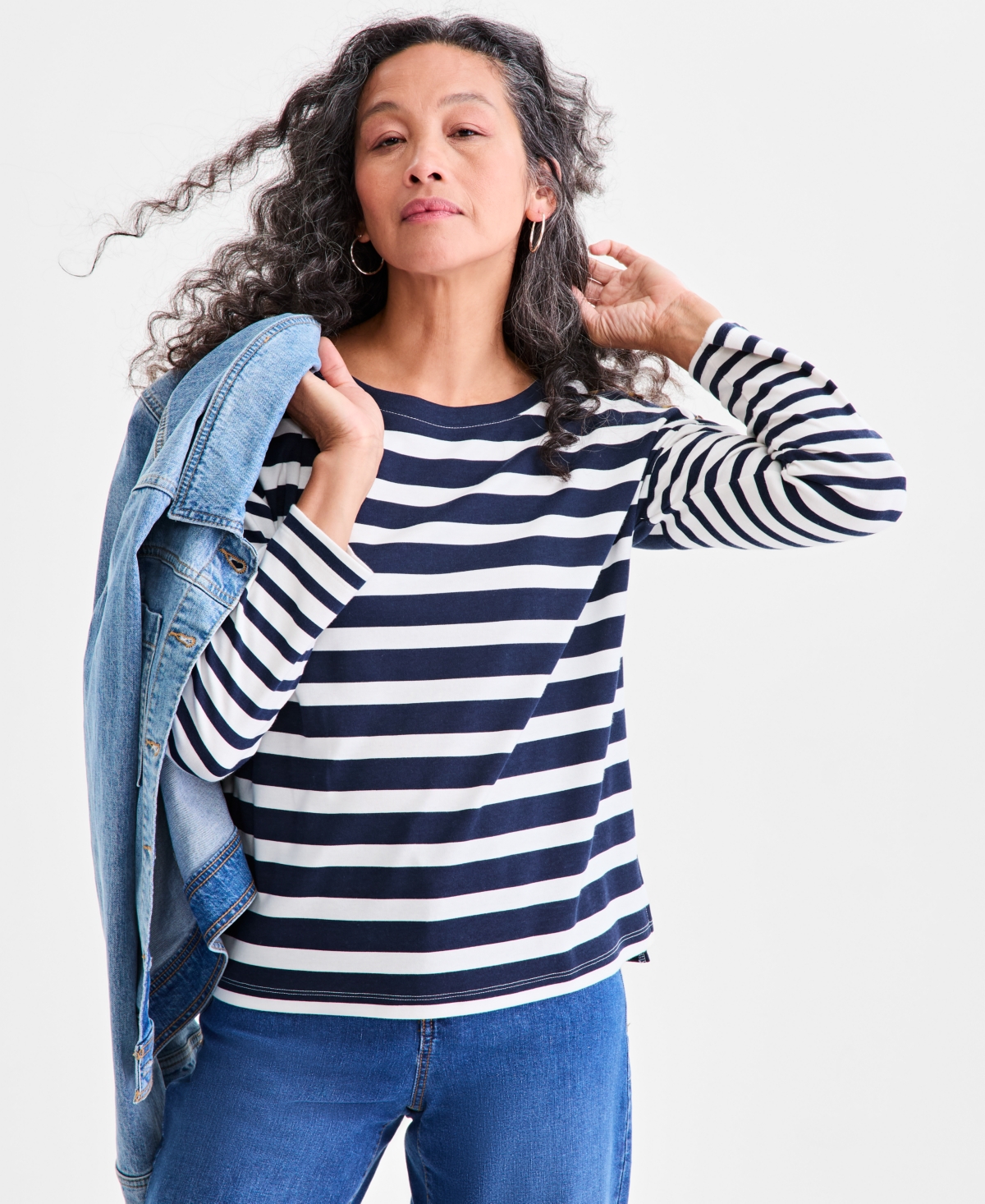 Style & Co Women's Long Sleeve Button-trim Striped Knit Top, Macy's Exclusive In Blue