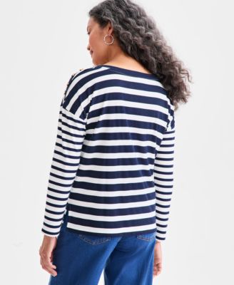 Women's Long Sleeve Button-Trim Striped Knit Top, Macy's Exclusive