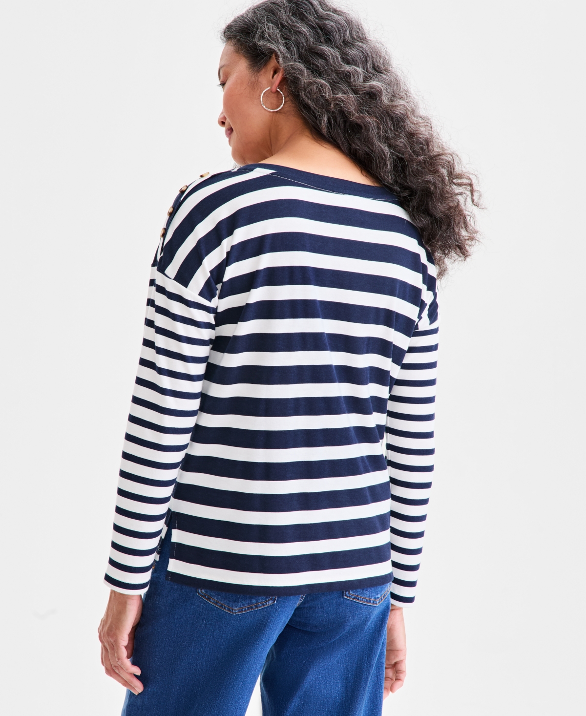 Style & Co Women's Long Sleeve Button-trim Striped Knit Top, Macy's Exclusive In Blue