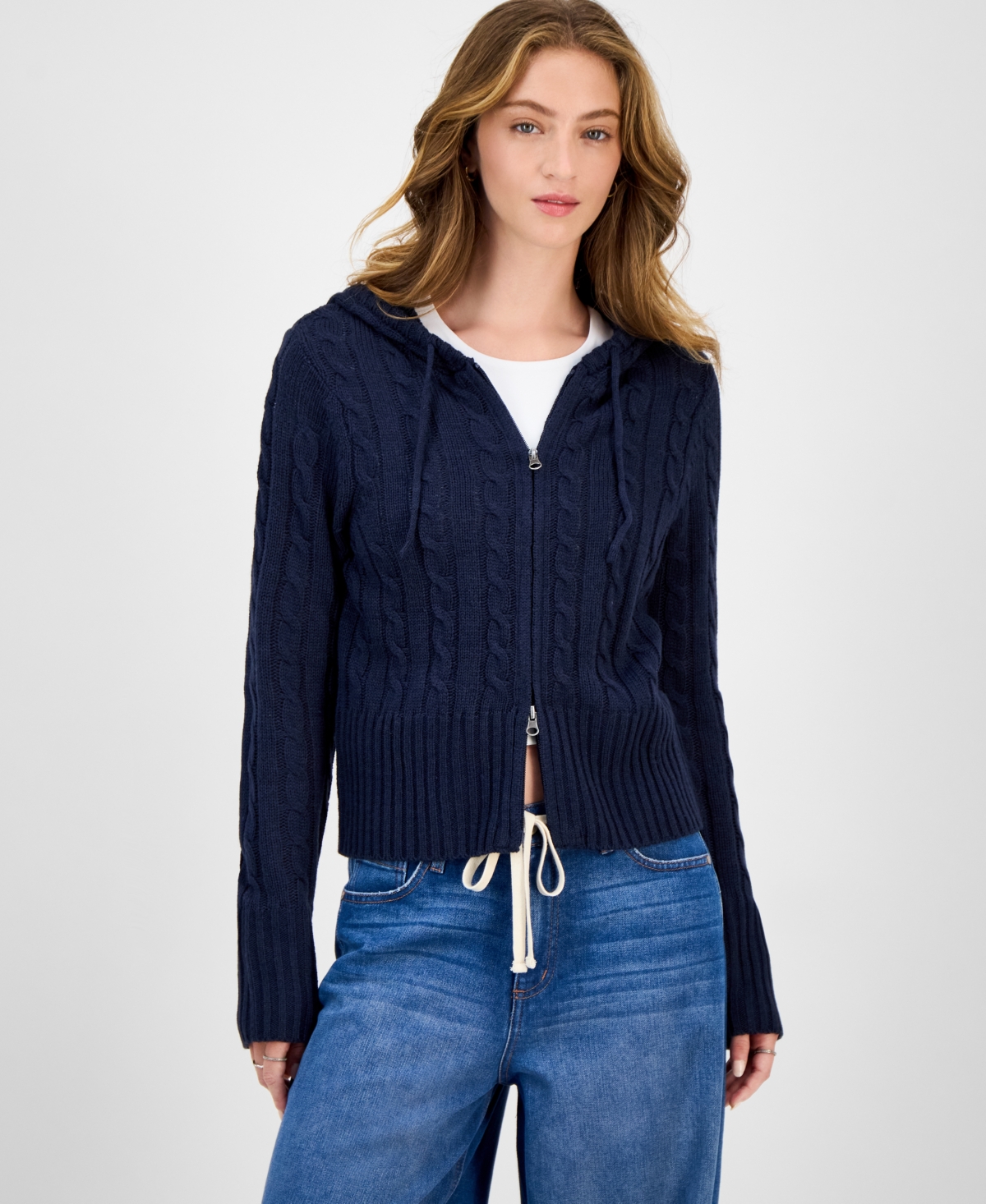 Hooked Up By Iot Juniors' Cable-knit Zippered Hoodie In Blue