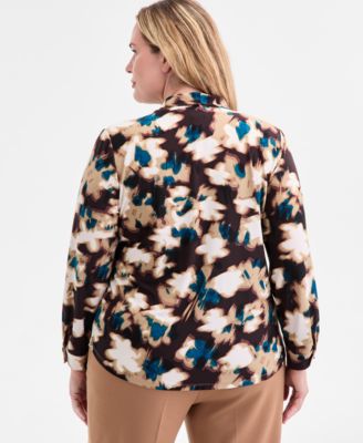 Plus Size Printed Tie-Neck Long-Sleeve Blouse 