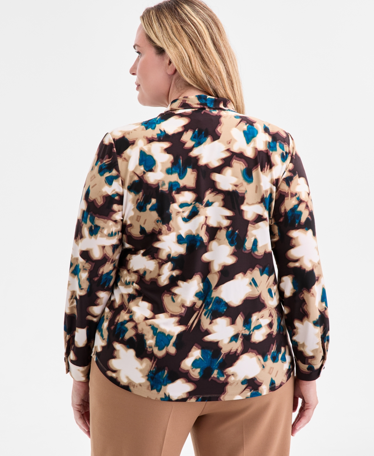 Anne Klein Plus Size Printed Tie-neck Long-sleeve Blouse In Multi