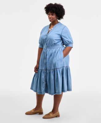 Trendy Plus Cotton Button-Front Tiered Midi Dress, Macy's Exclusive
