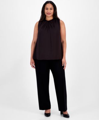 Plus Size Pleat-Neck Sleeveless Blouse 