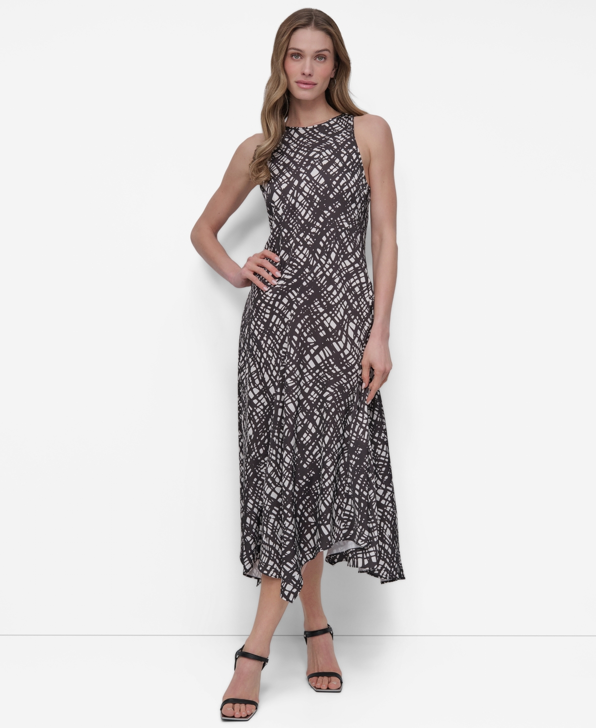 Women's Printed Crewneck High-Low Hem Midi Dress - Black/Ivory
