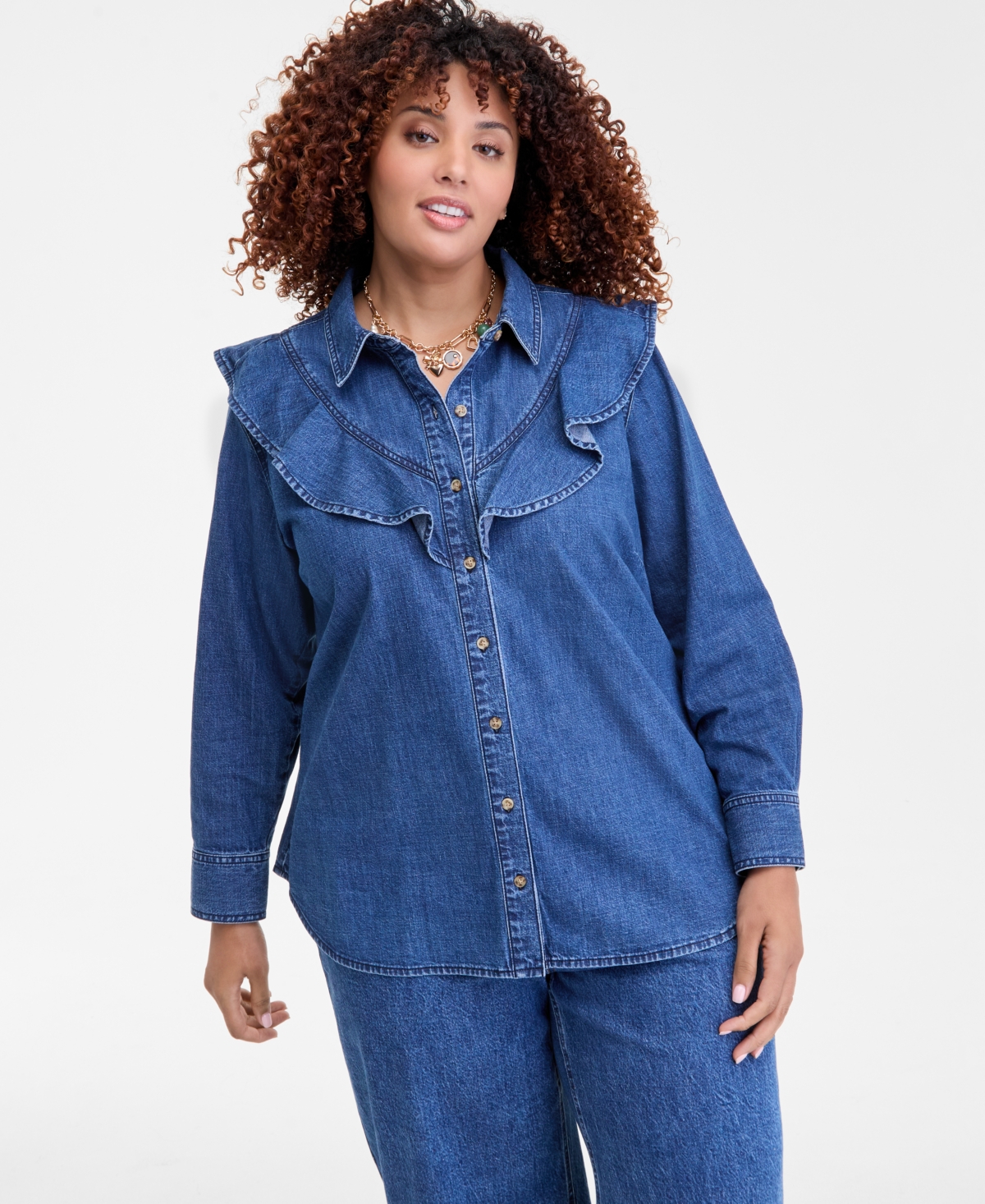 On 34th Trendy Plus Size Ruffle-front Long-sleeve Denim Shirt, Macy's Exclusive