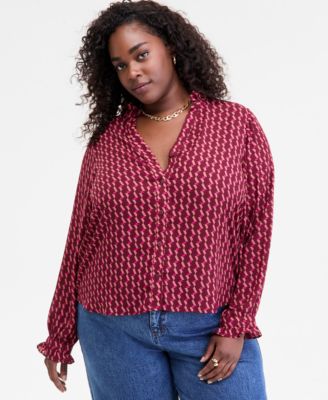 On 34th - Trendy Plus Size Ruffle-Trim Split-Neck Blouse