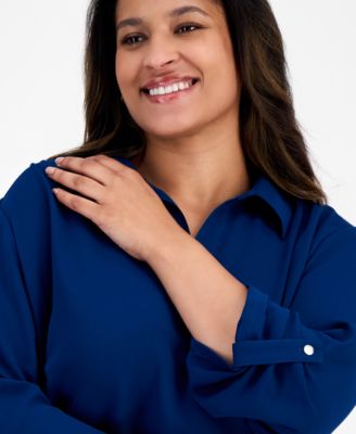 Plus Size Collared V-Neck Roll-Tab-Sleeves