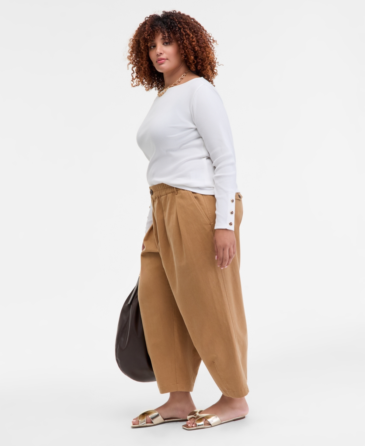 On 34th Trendy Plus Size High-rise Pleated Barrel-leg Pants, Macy's Exclusive In Brown