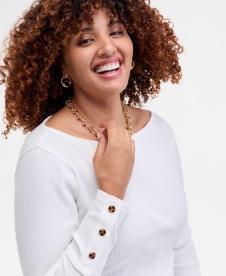 Trendy Plus Size Button-Cuff Boatneck Top, Macy's Exclusive