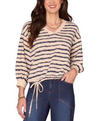 Democracy - Women's Jacquard V-Neck Blouson-Sleeve Top