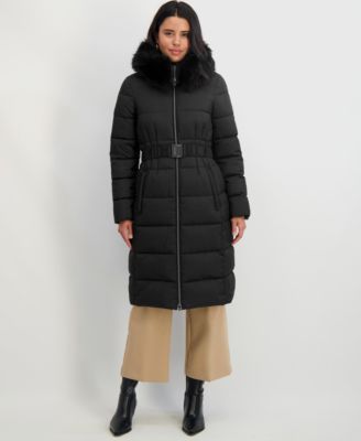 Women's Faux-Fur-Trim Hooded Belted Puffer Coat