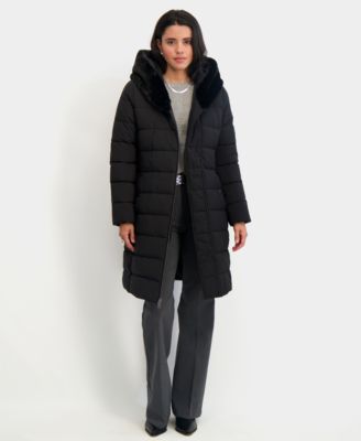 Tahari - Women's Faux-Fur-Trim Hooded Belted Puffer Coat