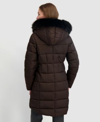 Womens Velvet Bibbed Faux-Fur Hooded Puffer Coat