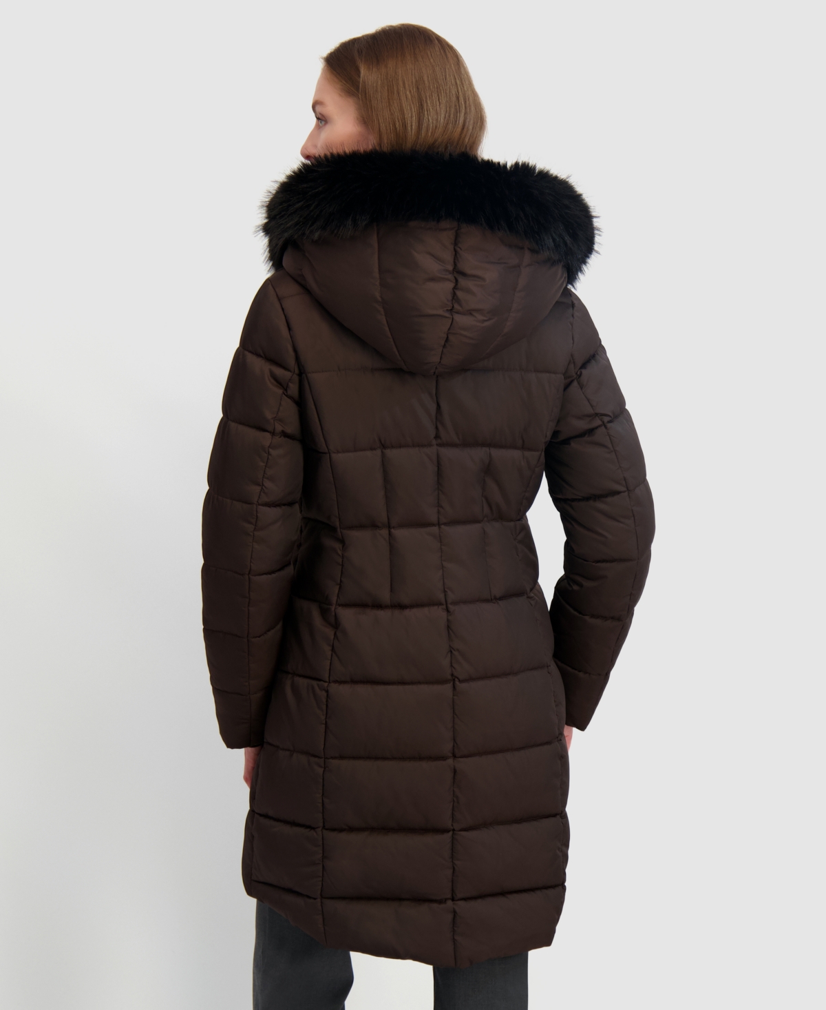 Tahari Womens Velvet Bibbed Faux-fur Hooded Puffer Coat In Brown