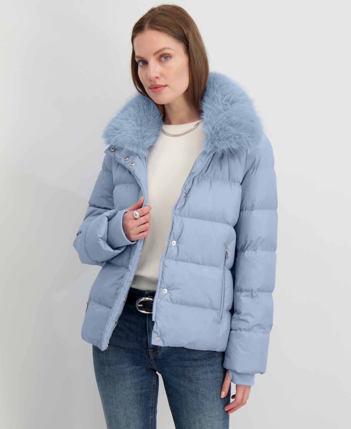 Tahari Women's Faux-fur-collar Hooded Puffer Coat In Blue