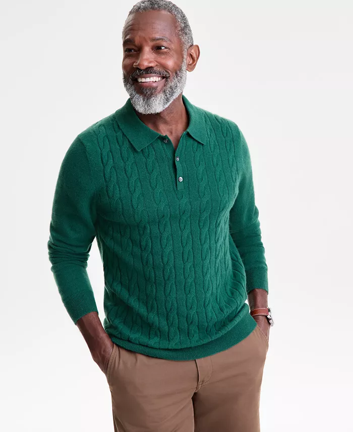 Men's Regular-Fit Cable-Knit 100% Cashmere Sweater Polo Shirt