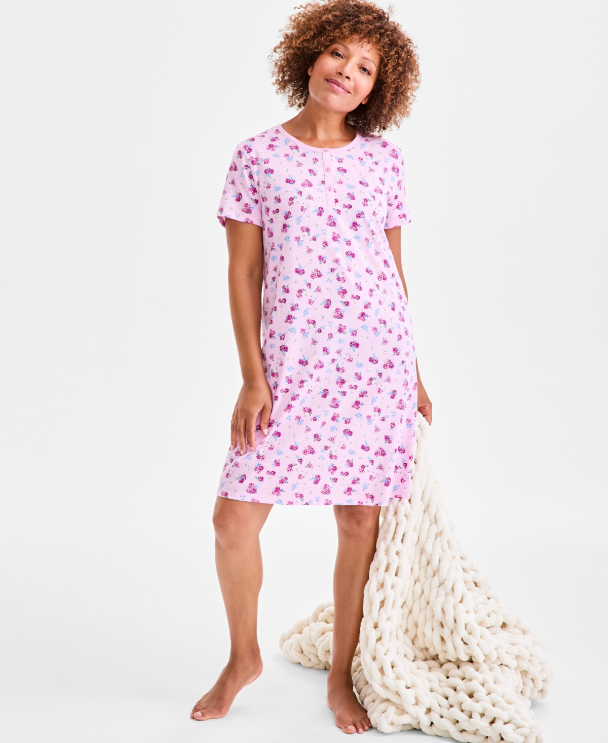 Charter Club Women's Cotton Printed Henley Sleepshirt, Created For Macy's