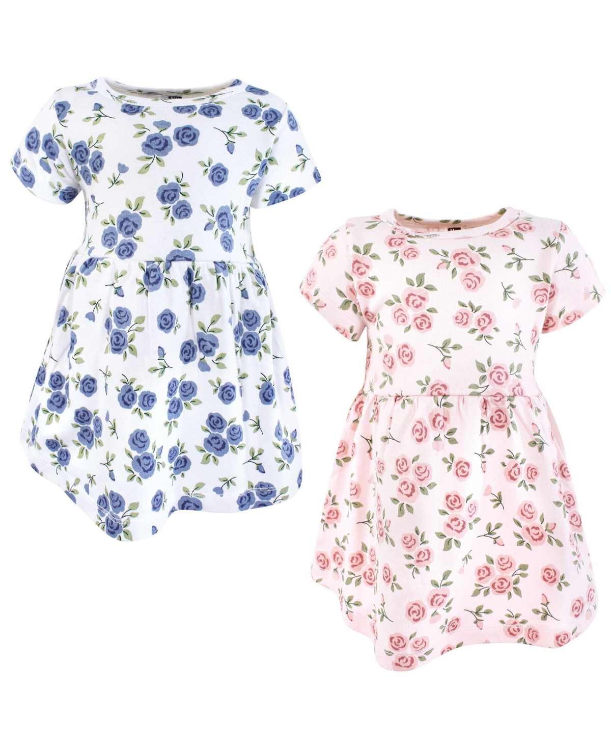 Hudson Baby Infant and Toddler Girls Cotton Dresses, Pink And Blue Roses - Pink and blue roses