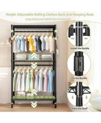 Heavy Duty Rolling Clothes Rack with Shelves &amp; Hooks