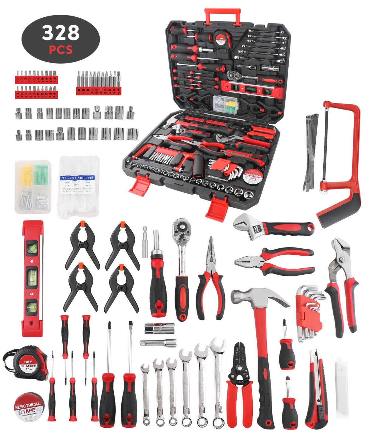 328-Piece Household Hand Tool Set with Storage Case &#x2013; All-in-One Repair Kit for Home, Garage, Car, and Office Use - Red