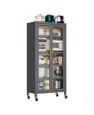 65" Kitchen Pantry Cabinet with Transparent Door & Wheels Gray