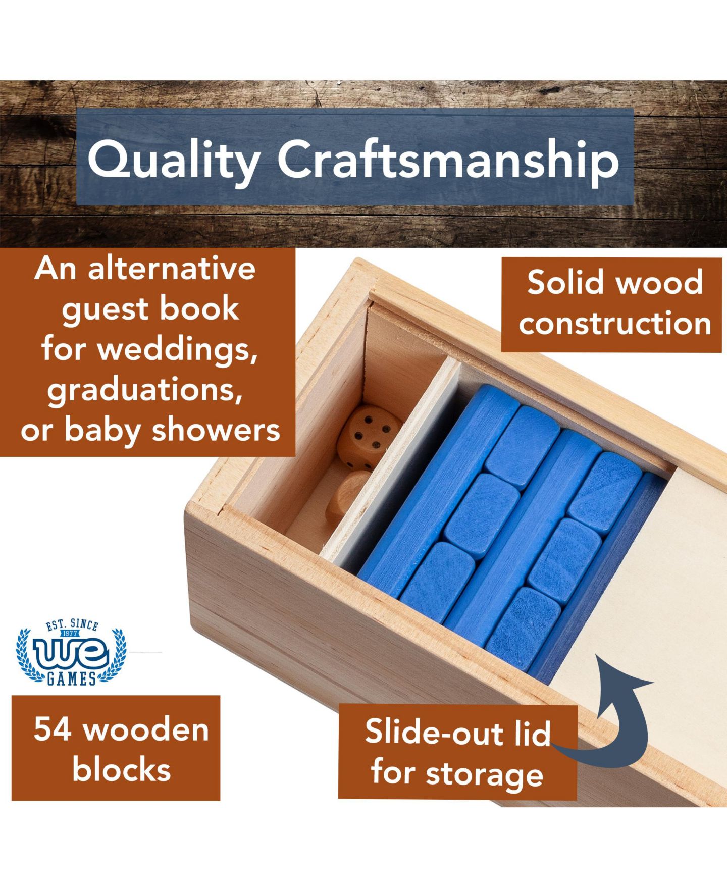 Детские игрушки WE Games Walnut Stain Wood Blocks Tower Game, 54 Pieces, Ages 3+, цвет: Синий — фото 3