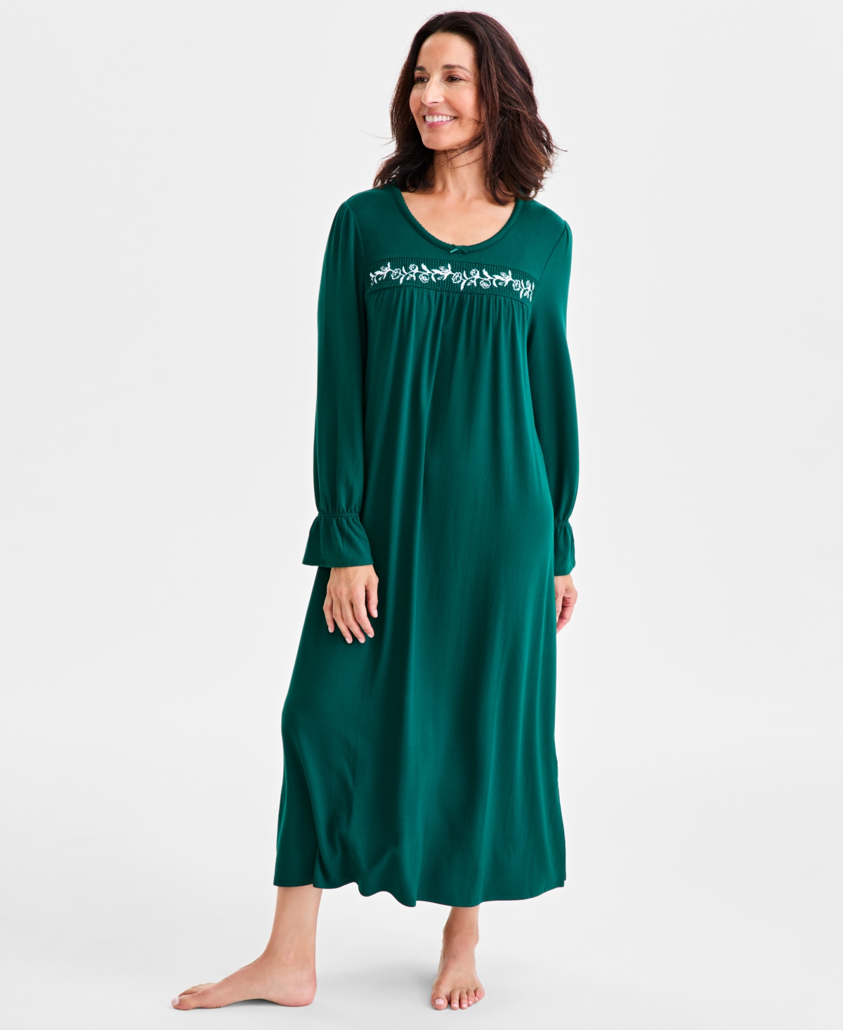 Charter Club Women's Long-Sleeve Embroidered Knit Nightgown