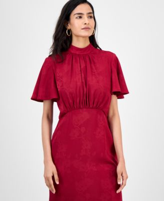 Women's High-Neck Flounce-Sleeve Midi Dress