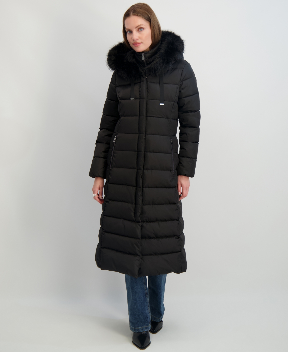 Womens Maxi Shine Bibbed Faux-Fur-Trimmed Hooded Puffer Coat - Galaxy