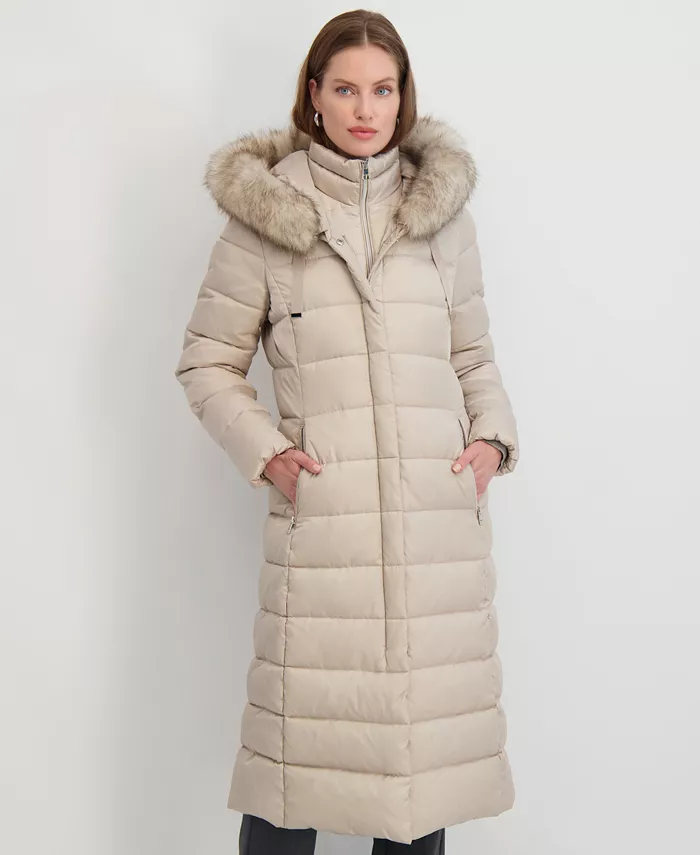 Womens Maxi Shine Bibbed Faux-Fur-Trimmed Hooded Puffer Coat - thumbnail 9