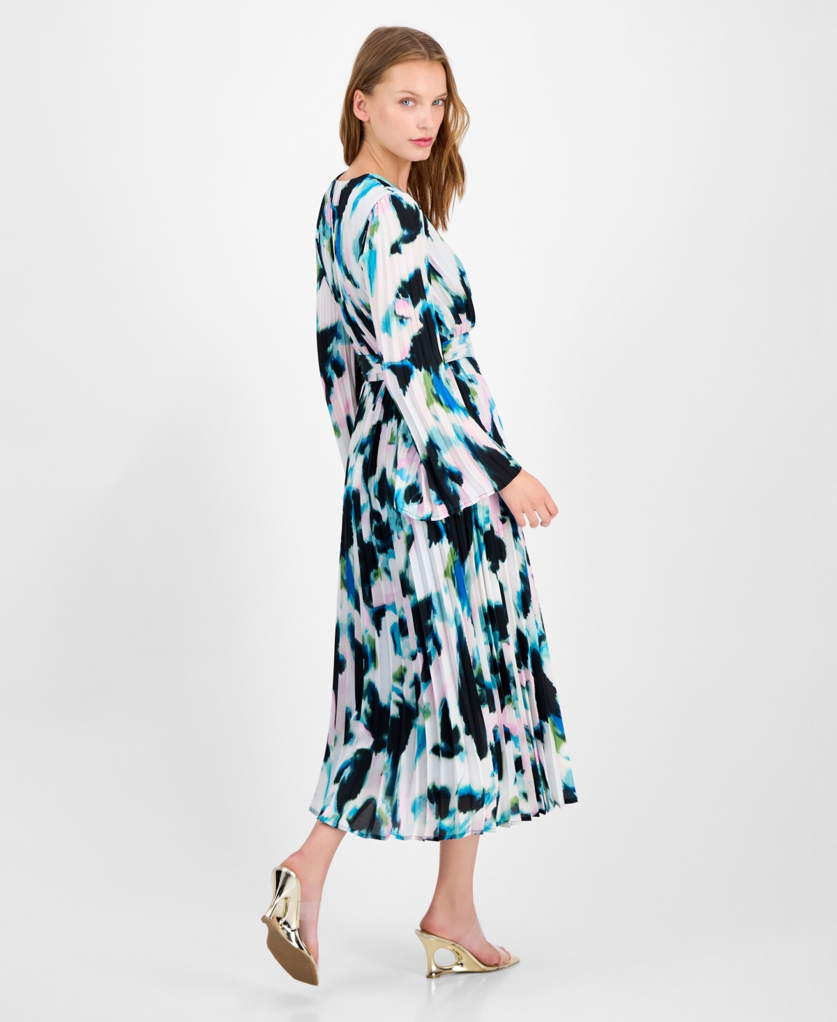 Inc International Concepts Petite Printed Pleated Dress, Macy's Exclusive In Blue
