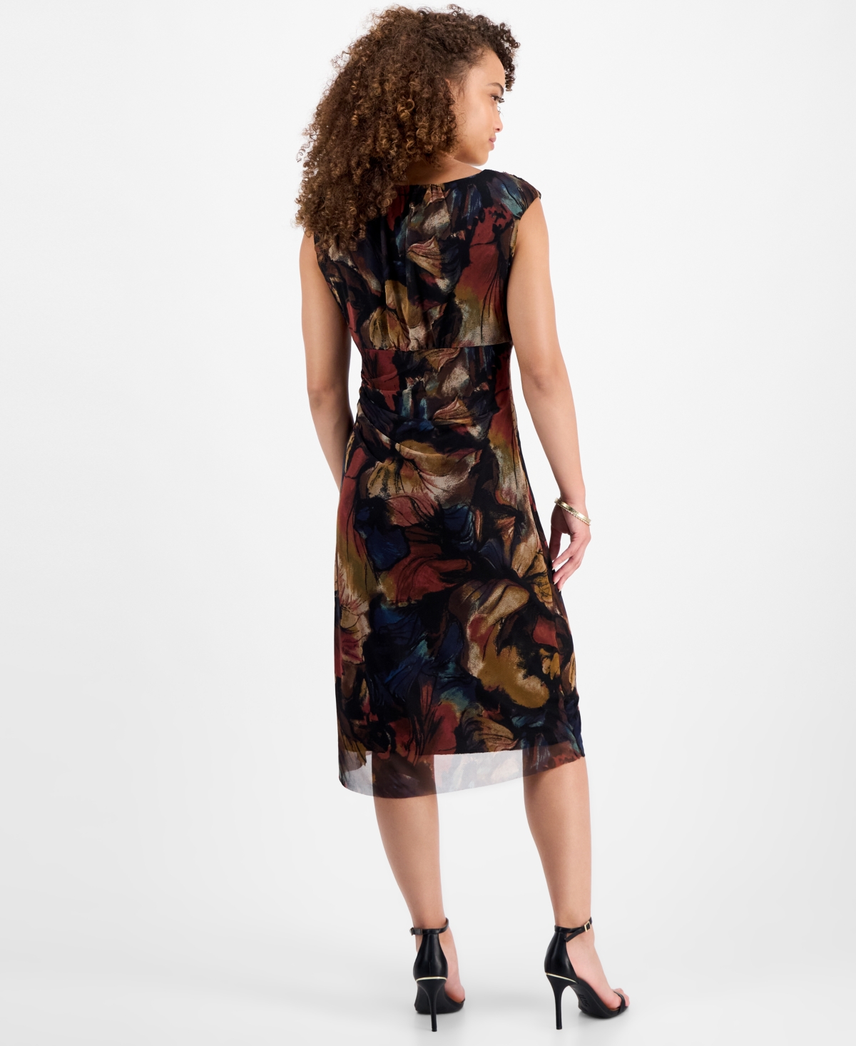 Connected Petite Printed V-neck Sleeveless Dress In Blue
