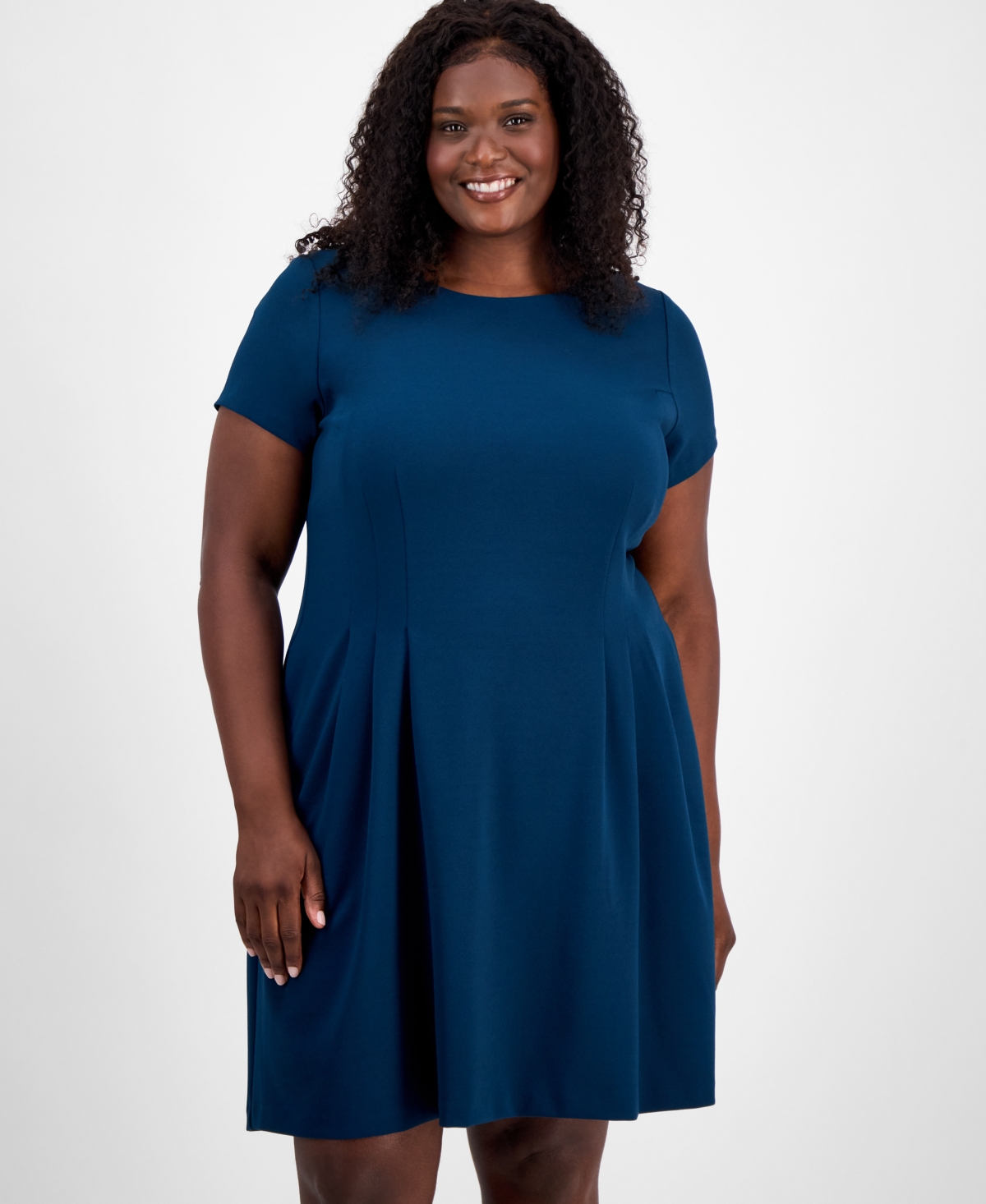 Connected Plus Size Pleated Fit & Flare Dress In Blue