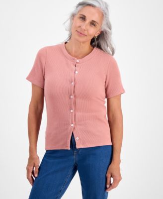 Petite Short-Sleeve Crewneck Cardigan, Macy's Exclusive