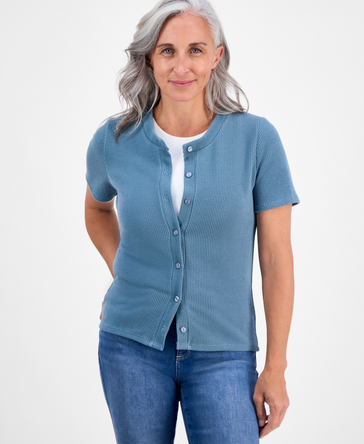 Style & Co Petite Short-Sleeve Crewneck Cardigan, Macy's Exclusive