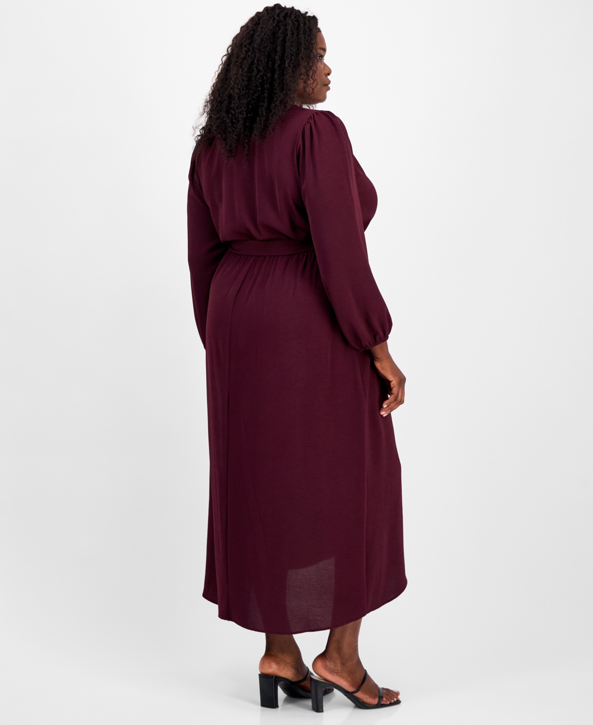 Connected Plus Size Tie-front Wrap Maxi Dress In Burgundy