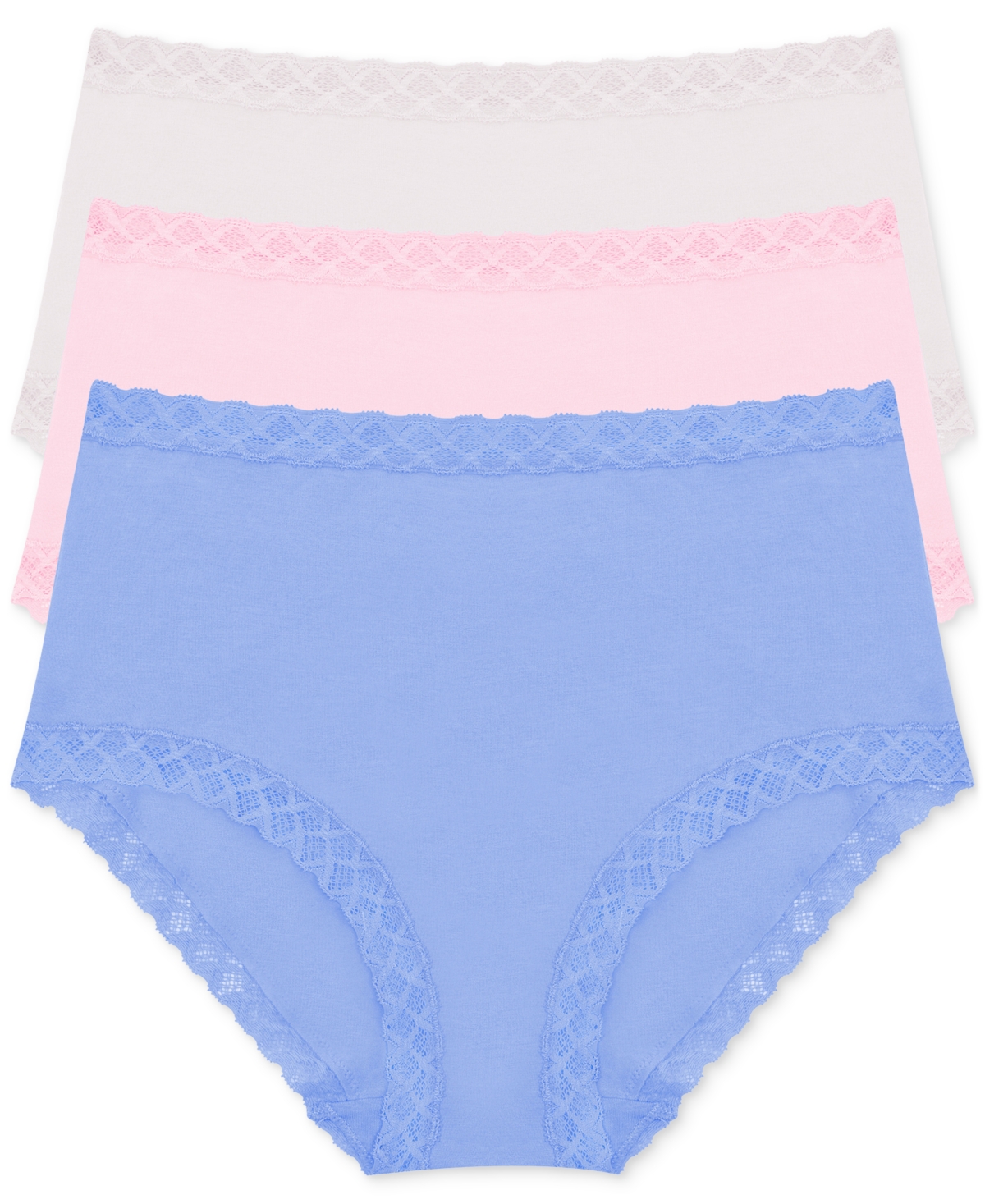 Natori Bliss Lace-trim Cotton Brief Underwear 3-pack 156058mp In Blue