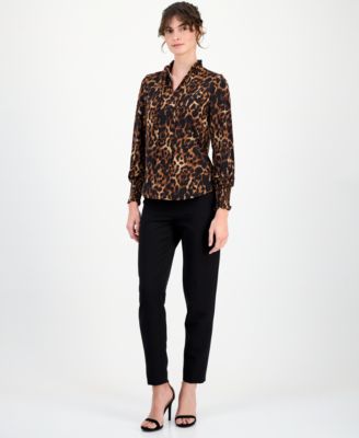 Petite Ruffled-Neck Smocked-Cuff Top